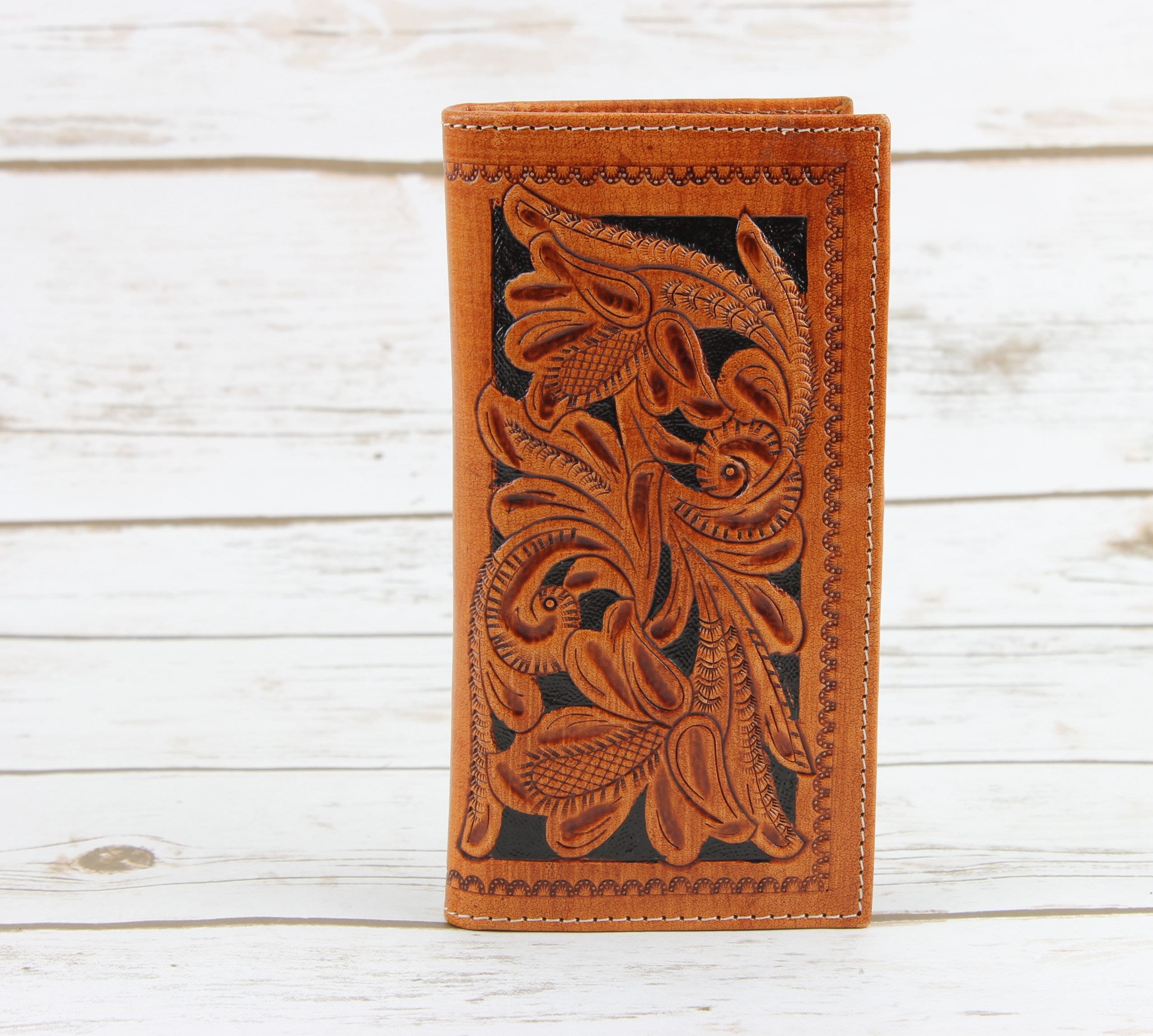 Tooled Leather Floral Filigree Western Rodeo Wallet, Modern