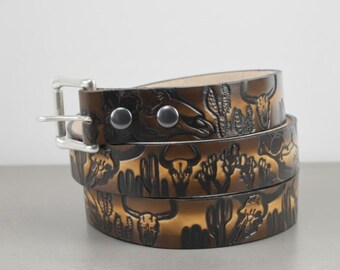 Cattle Skull Leather Belt: Hand Tooled Western Wear, Made in  display picture 2