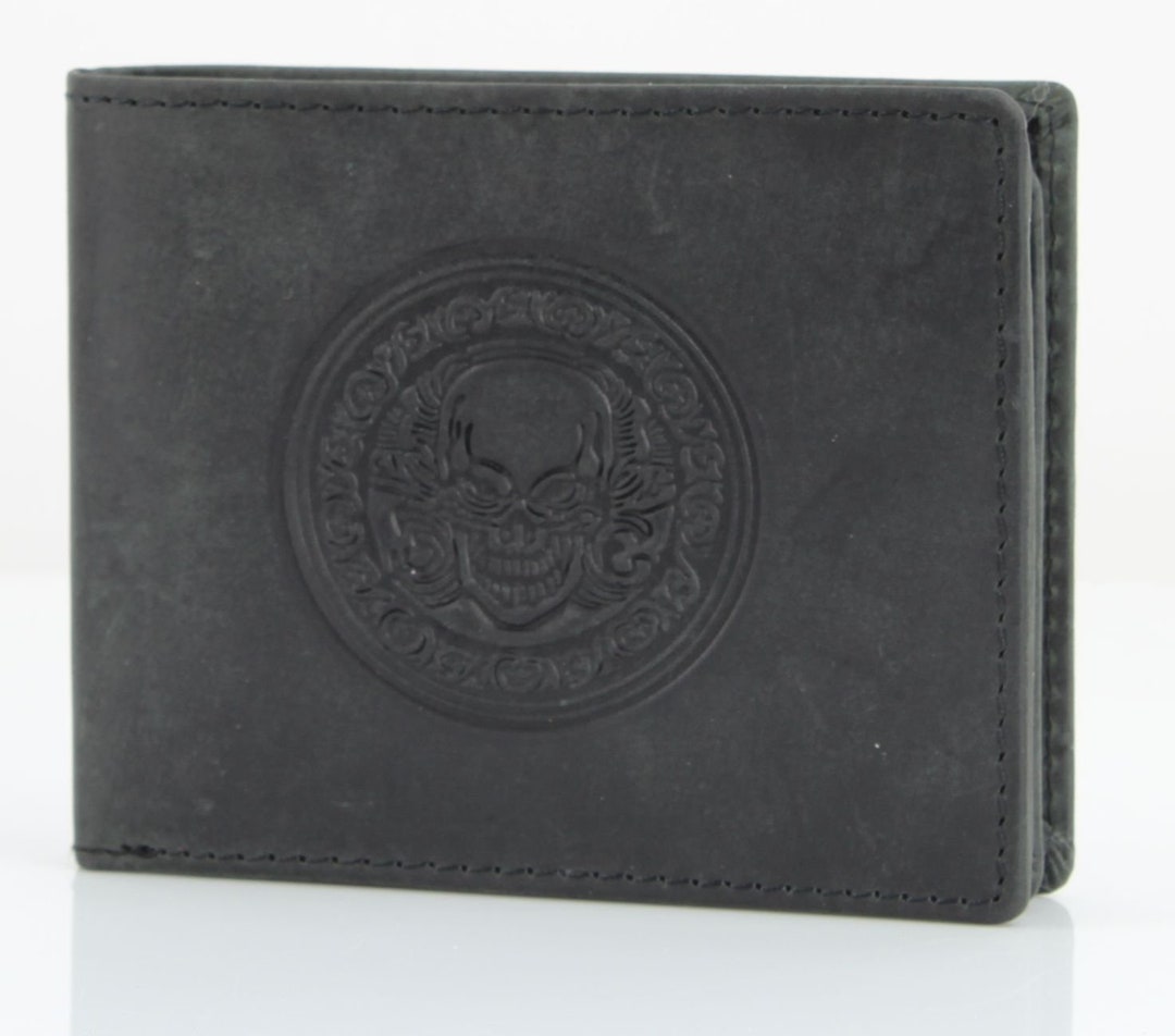 Rivet and Burr's Skull Embossed Bi Fold Wallet, RFID Protection