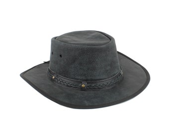 Schwarzer Cowboyhut aus Leder mit flacher Krempe, Cowboyhut aus Leder mit geflochtenem Hutband, knautschbarer Cowboyhut, Buschhut im Western-Aussie-Stil