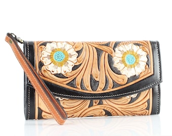 Modern Western Tooled Leather Snap Clutch, Floral Wristlet with Flower Print, Boho Rodeo Style Bag, Third anniversary gift, Holiday gift