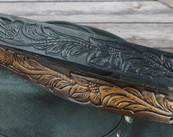Cinturón de cuero de filigrana floral, cinturón de cuero con herramientas manuales, ropa occidental clásica, cortado a medida, hecho en los EE.UU.