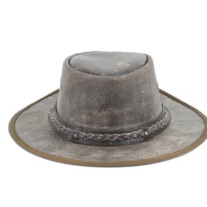 Tan flat brim crushable leather cowboy hat, Leather cowboy hat with braided band, Aussie style bush hat, tan cowboy hat, western wear