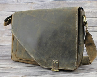 Distressed flap over messenger bag, Brown front pocket crossbody, Rustic laptop case, Minimalist travel bag
