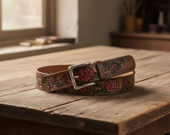 Hand Tooled Red Rose Leather Belt: Vintage Western Wear, Made in USA
