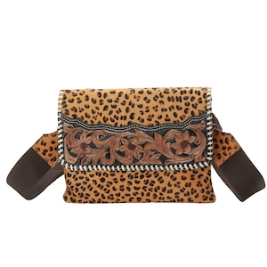 Leopard Print Hair-On-Hide Crossbody Bag: Tooled Leather Western Purse