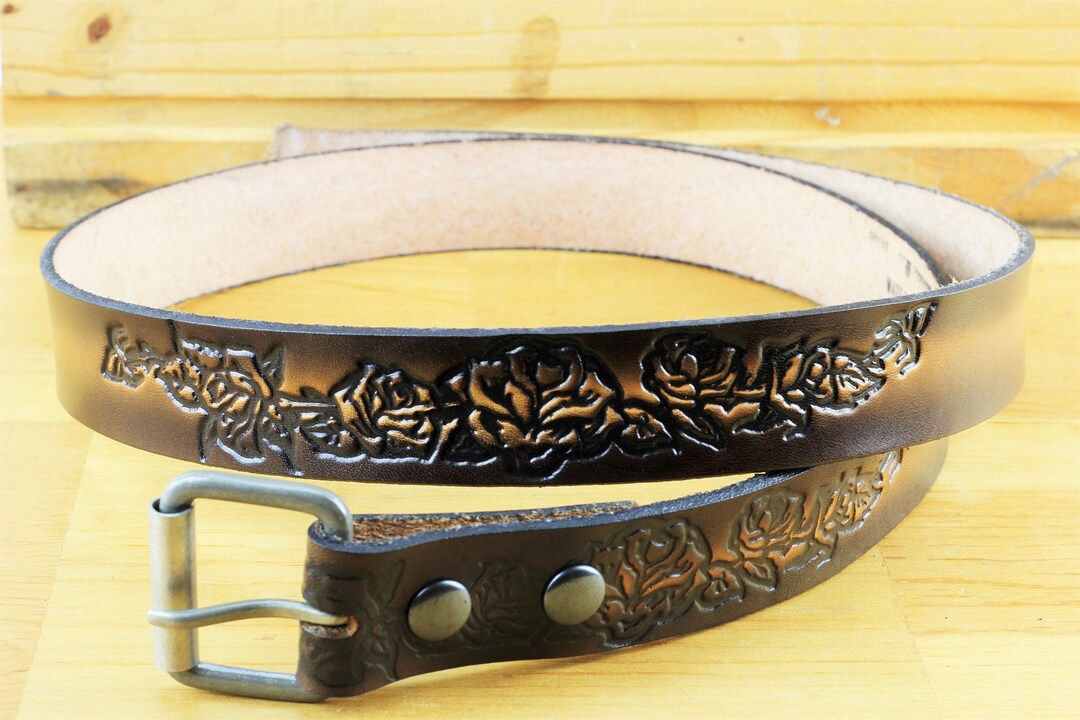 Vintage Style Rose Tooled Leather Belt - Modern Western Wear  display picture 3
