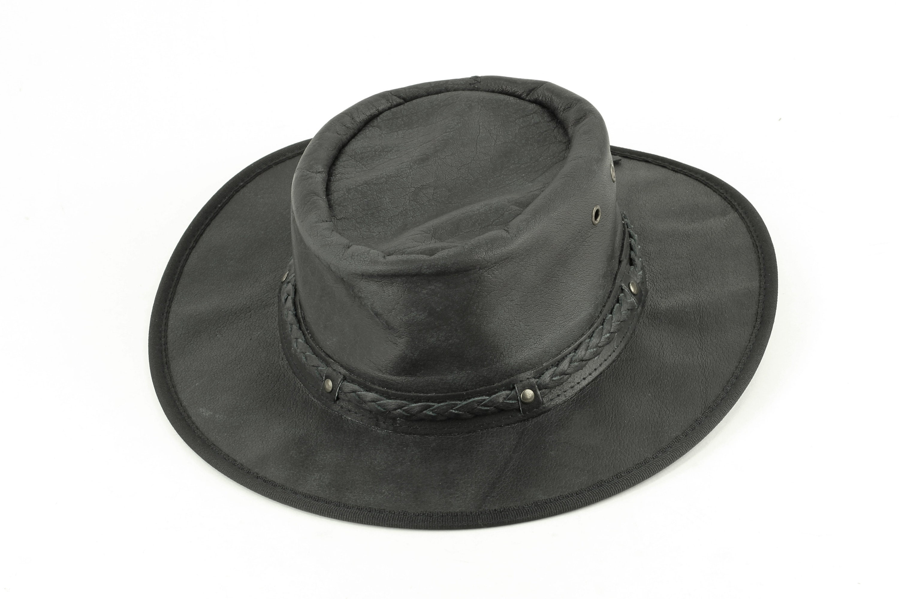 Black flat brim leather cowboy hat Leather cowboy hat with | Etsy