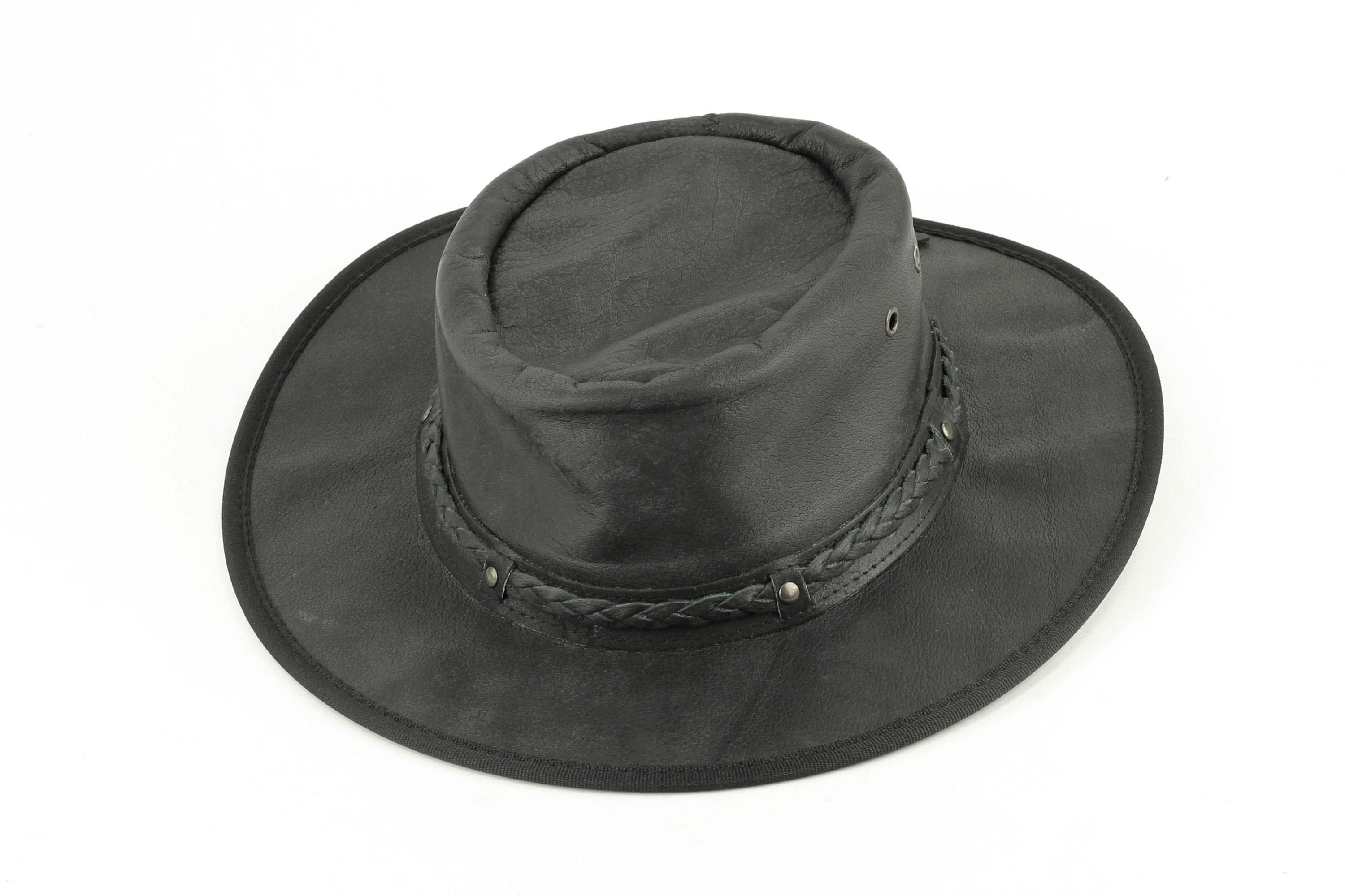 Black flat brim leather cowboy hat Leather cowboy hat with Etsy