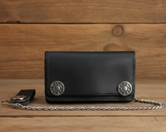 Portafoglio bifold in pelle nera con catena: .44 Magnum borchiato