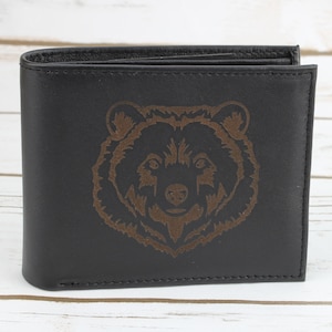 Grizzly bear bi fold, Personalized leather wallet, Laser engraved leather, RFID protection, Custom leather gift