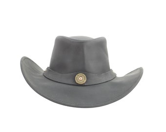 Leather shapeable bullet slice cowboy hat, 12 gauge shotgun shell medallion