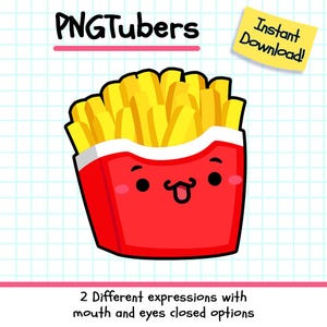 May include: A cartoon illustration of a red box of french fries with a happy face. The fries are yellow and the box has a white rim. The text "Instant Download!" is on a yellow sticky note in the upper right corner.