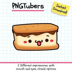 Puede incluir: Una ilustración de dibujos animados de un s'more con una cara sonriente, una galleta graham marrón, chocolate y un malvavisco blanco. El s'more tiene la lengua fuera y los ojos abiertos. La imagen está sobre un fondo de cuadrícula azul claro y blanco.