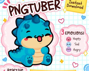 Dino PNGTuber, Kawaii Blue Dinosaur Vtuber Model for Twitch Streamers