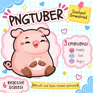 Op de afbeelding: Een digitale illustratie van een schattig roze varkentje met het label PNGTUBER, met drie emotionele toestanden: blij, verdrietig en boos. De afbeelding bevat tekst die zes reactieve toestanden aangeeft, opties voor gesloten mond en ogen, en een downloadnotitie.
