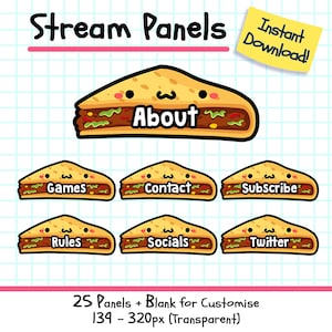Puede incluir: Un conjunto de 25 paneles de transmisión de Twitch personalizables con un diseño de sándwich de dibujos animados. Los paneles incluyen secciones para "Acerca de", "Juegos", "Contacto", "Suscribirse", "Reglas", "Redes sociales" y "Twitter". Los paneles tienen un tamaño de 134 a 320 píxeles y son transparentes.