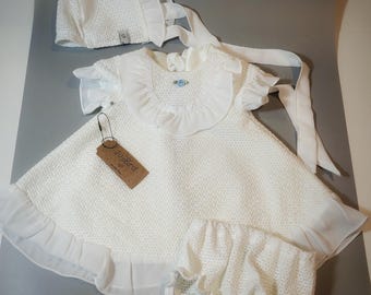 Baby or toddler girl outfit,  lace dress bloomers bonnet  MADE to ORDER