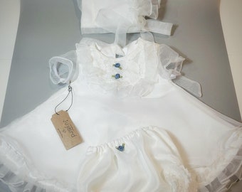 LEAH ~ baby girl outfit lace organza dress bloomers bonnet  MADE to ORDER