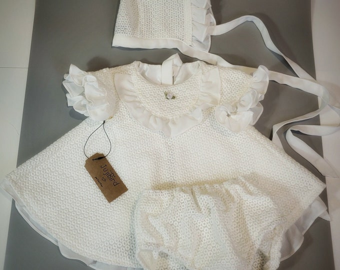 Baby or toddler girl outfit,  lace dress bloomers bonnet  MADE to ORDER