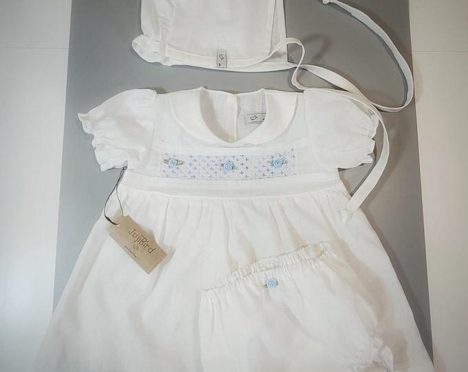 White linen outfit for baby girl , dress , bloomers, bonnet MADE to ORDER