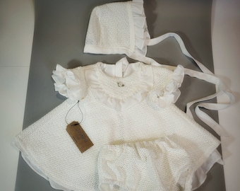 White outfit baby toddler girl, custom baptism lace dress handmade bloomers vintage bonnet newborn heirloom christening gown, flower girl