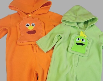 Miss Rachel costume for kids, handmade Herbie or Georgie character hooded fleece  green orange pajamas, baby toddler boy girl dress up