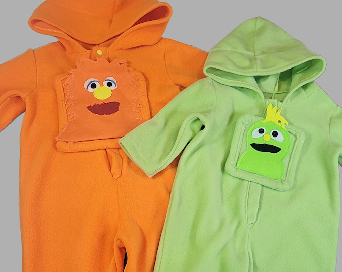 Miss Rachel costume for kids, handmade Herbie or Georgie character hooded fleece  green orange pajamas, baby toddler boy girl dress up