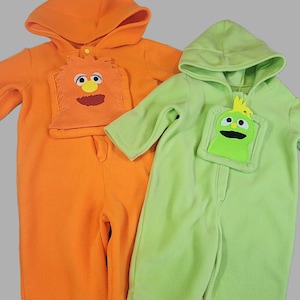 Miss Rachel costume for kids, handmade Herbie or Georgie character hooded fleece  green orange pajamas, baby toddler boy girl dress up
