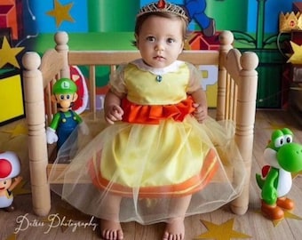 DAISY ~ baby girl yellow or pink dress Super Mario princess - inspired toddler costume and crown MADE to ORDER