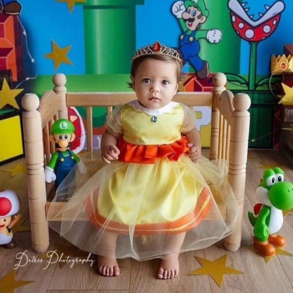 Daisy princess dress and crown for baby toddler girl, yellow or Peach Super Mario costume, 1st birthday kids outfit, yellow or pink tutu