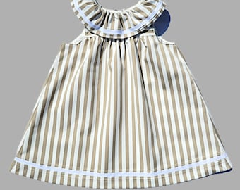 LANA ~ baby girl summer dress beige white stripe  MADE to ORDER