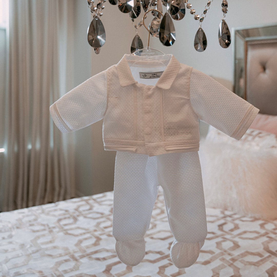 White Outfit for Baby Boy, Baptism Suit for Toddler, Custom Embroidery