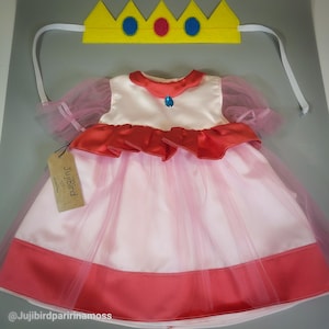 Peach princess dress and felt crown for baby girl, handmade yellow or pink Super Mario Daisy toddler costume, 1st birthday cake smash outfit