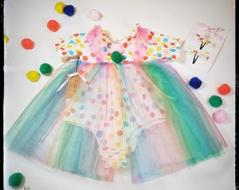 Circus clown costume for baby toddler girl, polka dot rainbow tulle tutu skirt outfit for 1st birthday party, cake smash dress MADE to ORDER