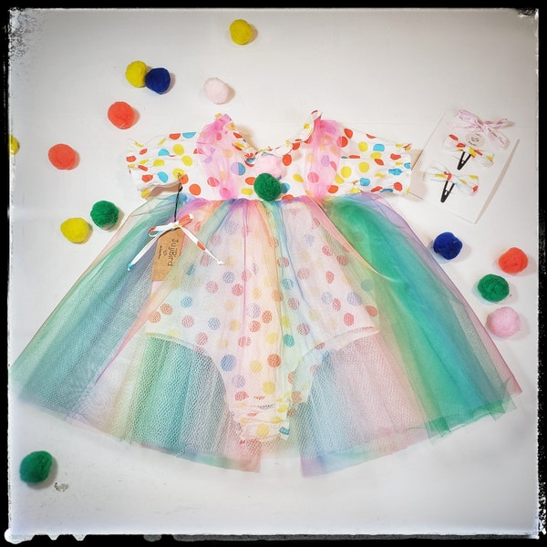 Circus clown costume for baby toddler girl, polka dot rainbow tulle tutu skirt outfit for 1st birthday party, cake smash dress MADE to ORDER