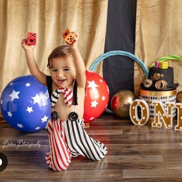 Kids circus clown costume, child outfit unisex baby boy girl toddler, dress up big bow tie,  1st birthday party carnival cake smash photo
