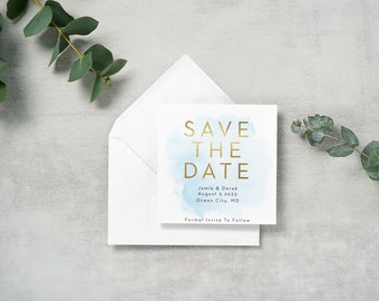 RESERVE A DATA - Convite Físico Quadrado 5,25" x 5,25", Convite em Aquarela, Convite com Efeito Metalizado