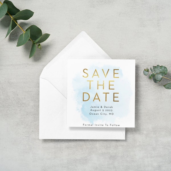 SAVE THE DATE- Physical Square Invite 5.25" x 5.25", Water color save the date, Invite, Invitation, faux foil