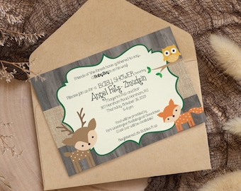 Convite digital para chá de bebê com tema de animais da floresta, incluindo raposa, veado e coruja.