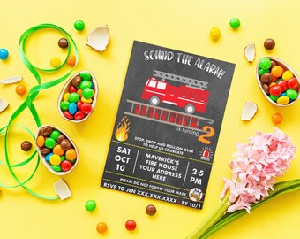 Convite personalizável e editável com tema de caminhão de bombeiros, soe o alarme, fogo, menino, festa de aniversário, convite, escada, 12,7 cm x 17,8 cm