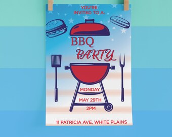 Download digital - Convite para festa de churrasco, convite para o Dia da Independência (4 de julho) e Dia do Trabalho.