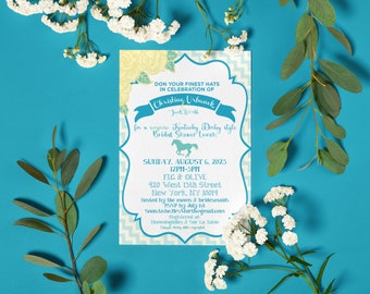 Convite editável e personalizado para chá de panela com tema do Derby de Kentucky, incluindo o Kentucky Derby, com estampa chevron, representando um cavalo de corrida.