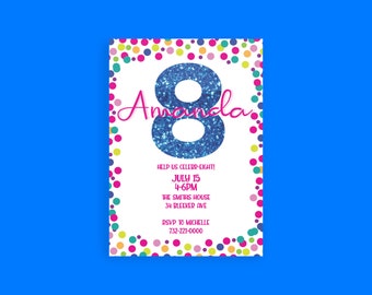 Convite de aniversário personalizado e editável para meninas, com estampa de bolinhas, tamanho 5x7.