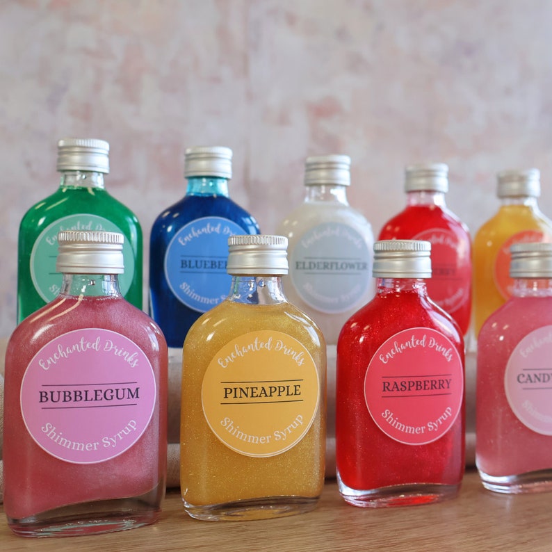 flavoured syrups with shimmer inside. Choose from 16 flavoures. Add to cocktails, prosecco, vodka, gin and more. Perfect for themed parties.
