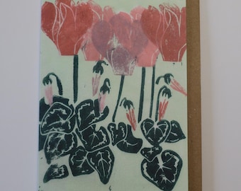 Linocut Greetings Card - Cyclamen - Botanical Card - Birthday Card - Art Card
