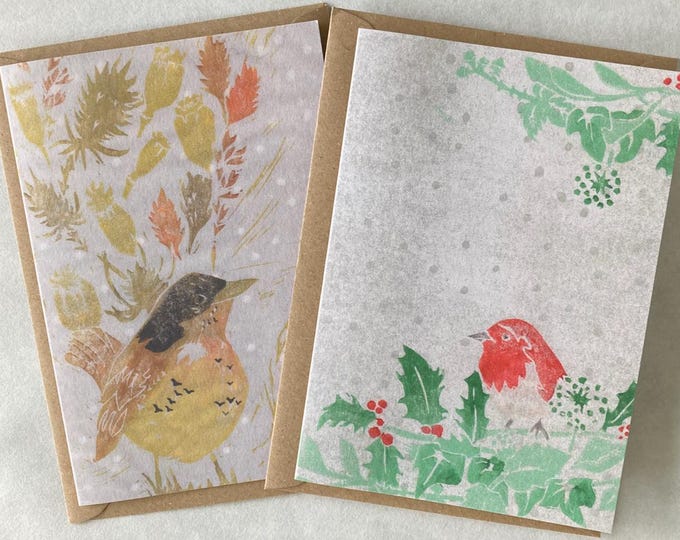 Linocut Christmas Cards - Robin & Fieldfare | Individual or Mixed Packs