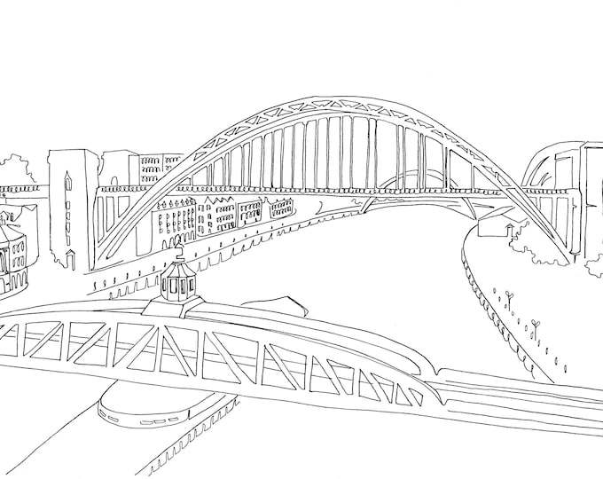 Newcastle & Gateshead - A4 Line Drawing