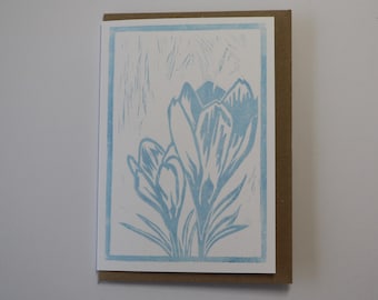 Linocut Greetings Card - Crocus - Botanical Card - Birthday Card - Art Card - Spring Card - Stationery