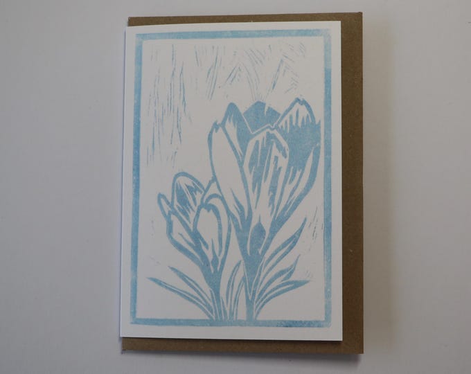 Linocut Greetings Card - Crocus - Botanical Card - Birthday Card - Art Card - Spring Card - Stationery